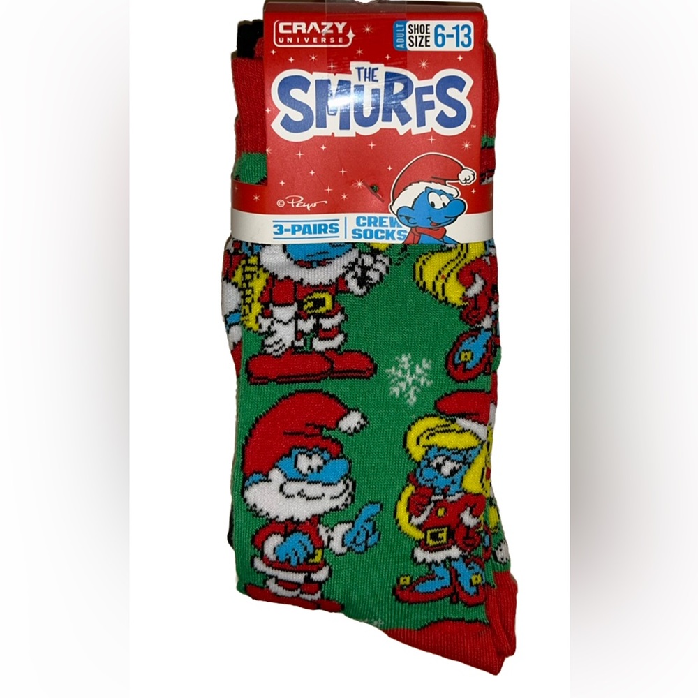 The Smurfs Crew Socks 3 Pair Men 6-13 Green Red Christmas Holiday Papa Smurfette